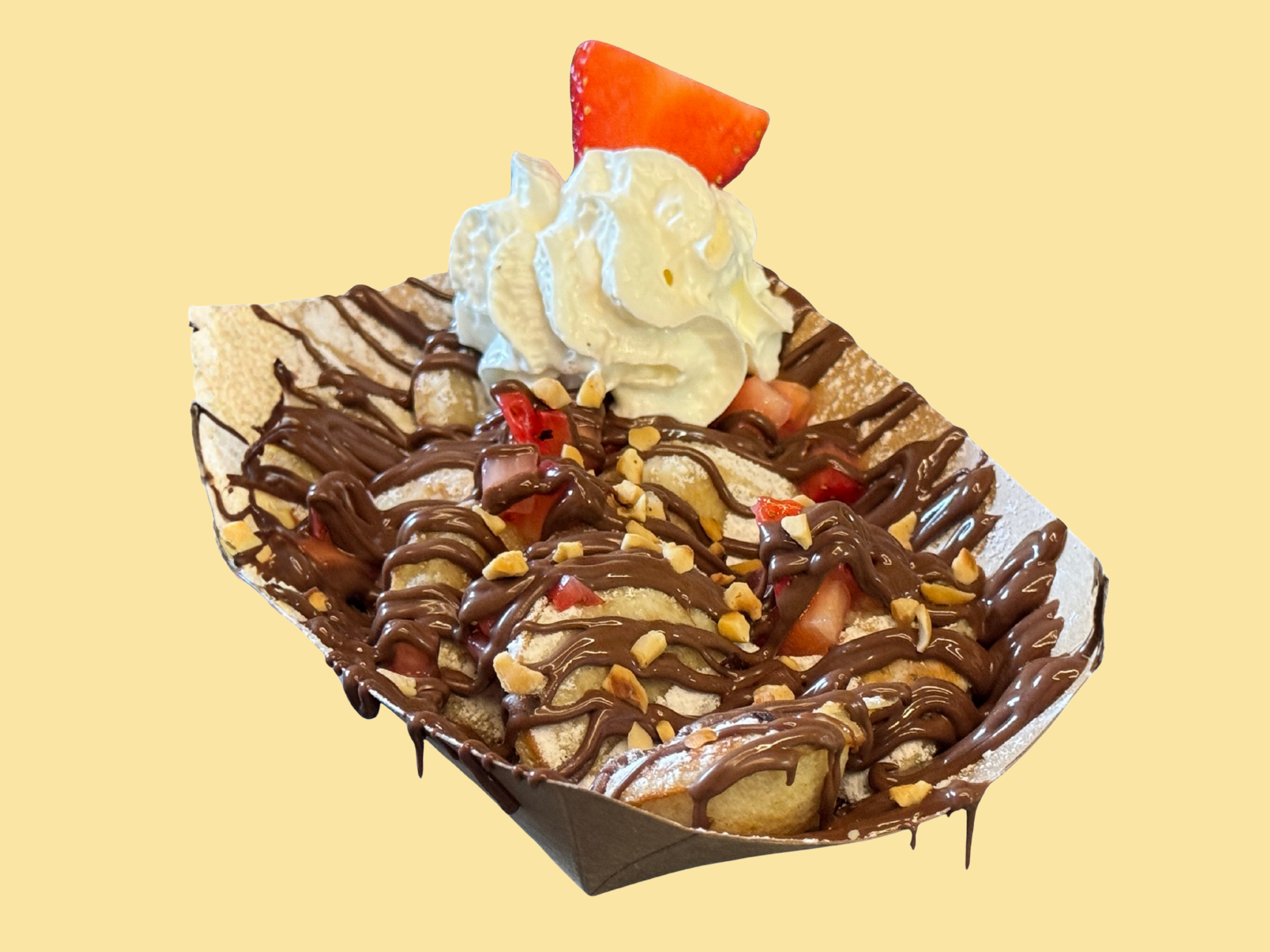 Poffertjes малка порция с nutella, ягоди, пудра захар и сметана